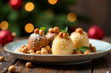 Obraz premium A beautiful festive cake on the background of a Christmas tree. A set of various cakes in chocolate, with sprinkles, with nuts, with berries, with cream, with cream, with cottage cheese.