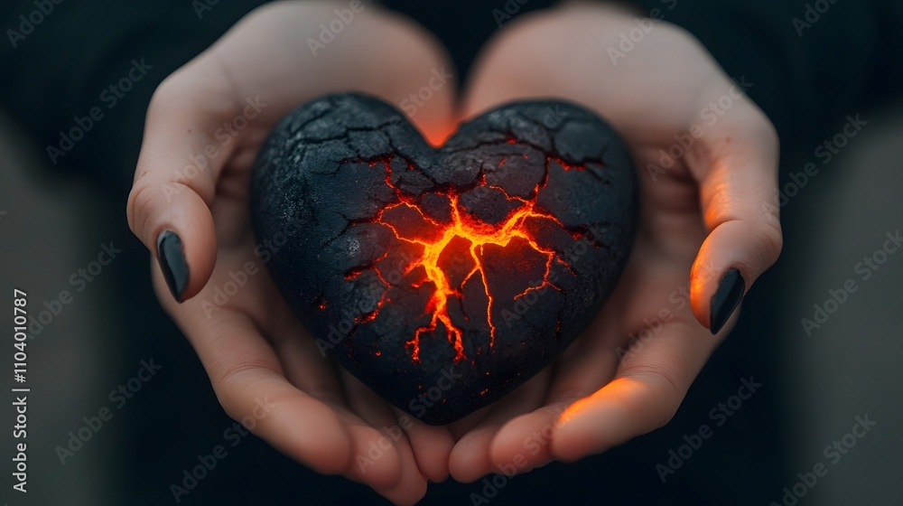 Poster a unique image of a black heart stone cracking with fiery lava inside, symbolizing passion, emotion,