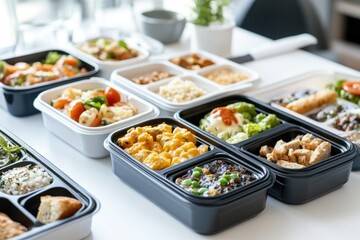 A table filled with plates and trays of diverse food, perfect for a cafe or restaurant setting