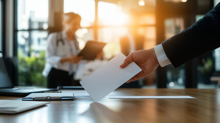 In a brightly lit hospital office, a healthcare executive hands a certificate of recognition to a nurse during a performance evaluation meeting.