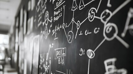 Blackboard full of scientific notations, physics equations, and chemical symbols drawn in white chalk