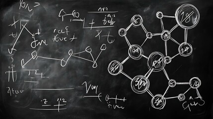 Blackboard inscribed with physics and chemistry formulas, including molecule diagrams and scientific symbols