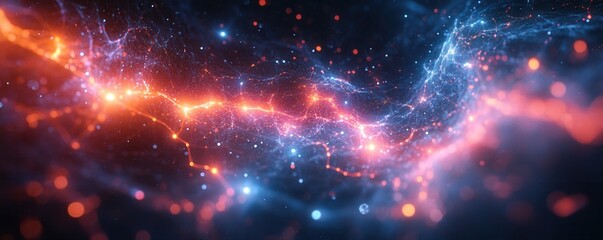 A vibrant cosmic scene featuring swirling blue and orange lights, evoking a sense of energy and motion in a starry background.