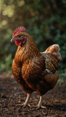 A brown hen standing still, posing in natural light.