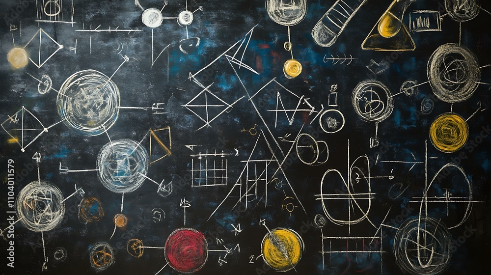 Wall mural blackboard with an array of physics formulas, chemical structures, and scientific symbols in chalk