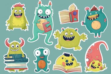 Obraz premium A collection of colorful stickers featuring fantastical creatures and educational books