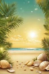 Obraz premium Beach Background with Seashells and Palm Leaves in Golden and Light Green Tones