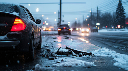 A snowy street corner reveals a crumpled car bumper scattered with debris, as heavy snow and icy conditions dominate the scene.