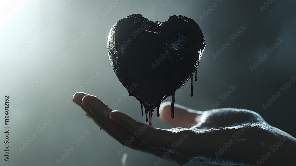 Poster dark heart symbolizing emotional struggles and inner turmoil, captured in soft light with dripping t