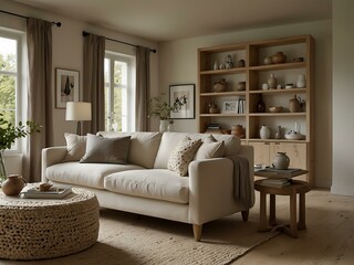 A calm, bright living room with a light sofa and natural elements.