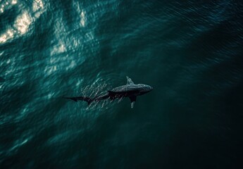 Obraz premium Majestic Shark Gliding Through Crystal Clear Waters, Showcasing Ocean Serenity and the Wonder of Marine Life in a Thriving Ecosystem Below the Surface