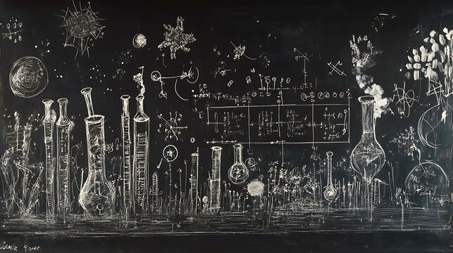 Blackboard with intricate drawings of chemistry formulas and physics equations, capturing scientific concepts