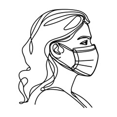 One continuous line illustration of a woman in a protective mask, isolated on white background.