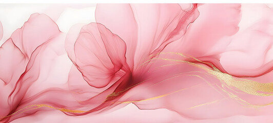 Abstract marble marbled stone ink liquid fluid painted painting texture luxury background banner - Pink petals, blossom flower swirls gold painted lines