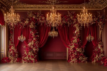 A cozy room adorned with red curtains and sparkling gold chandeliers, radiating warmth and festive cheer, perfect for a magical Christmas celebration.