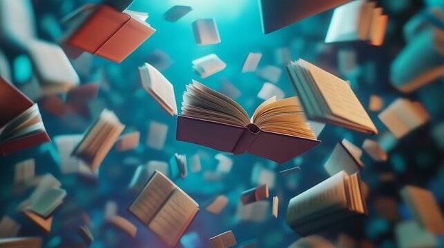 Books floating in the air with educational symbols, representing knowledge expansion and creativity
