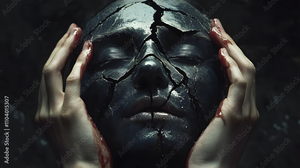 Poster artistic representation of a cracked black mask held by a person with blood on hands, emphasizing th