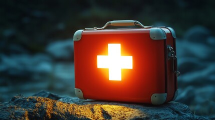 A glowing red first aid kit with a white cross sits on a rock, symbolizing emergency health preparedness in outdoor settings.