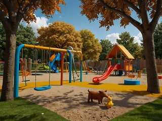 A colorful playground scene with swings, trees, and happy animals.