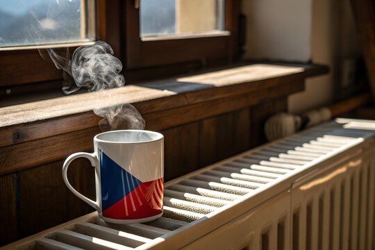 A steaming mug with a Czech flag design on a radiator, near a window with a blanket and plant, symbolizing rising heating costs and household energy challenges in the Czech Republic.