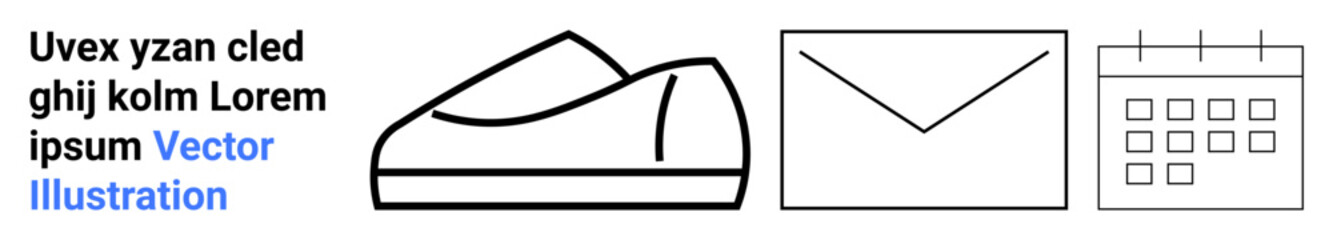 Casual shoe, outline of an envelope, and calendar with grid. Ideal for e-commerce interfaces, stationery design, scheduling apps, communication tools, office planning, minimalistic themes