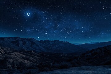 Panorama view of Night sky and moon, stars,Ramadan Kareem celebration.Serenity mountain background, outdoor. 