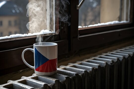 A steaming mug with the Czech flag sits on a radiator next to a snowy window, symbolizing the struggle with rising heating costs during winter in the Czech Republic.