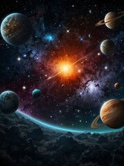 A cosmic background with constellations and planets in 3D.
