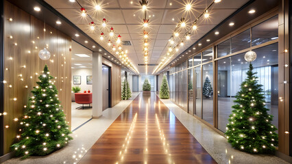Fototapeta premium Holiday-Themed Office Hallway with Twinkling Lights and Polished Floor Reflections. Perfect for: Christmas, Year-End Parties, Holiday Receptions