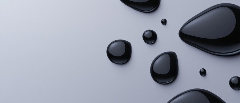  close-up of a group of black oval-shaped objects arranged in a scattered manner on a light grey background. The objects appear to be made of a glossy material and have a smooth, glossy finish.
