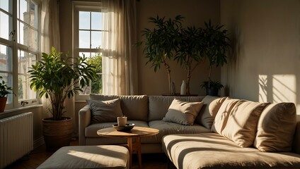 A cozy interior with a sofa, plants, and sunlight streaming in.