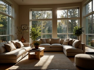A cozy living room with soft, natural light streaming through large windows.