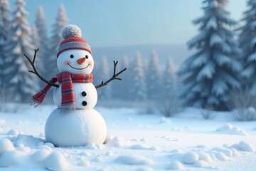 Obraz premium Jolly Snowman with Knit Accessories against Snowy Forest Background