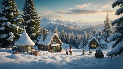 A group of gnomes are gathered around a cozy wooden cabin nestled in a snowy mountain valley. The scene is bathed in warm, golden light, creating a magical and festive atmosphere
