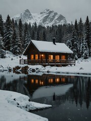 Fototapeta premium A cozy winter cabin in a snowy landscape.