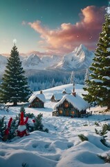 A group of gnomes are gathered around a cozy wooden cabin nestled in a snowy mountain valley. The scene is bathed in warm, golden light, creating a magical and festive atmosphere
