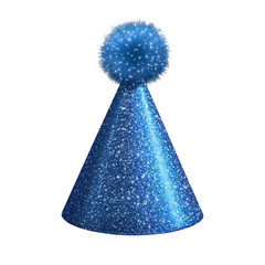 Bright blue party hat with glitter and pom-pom for celebrations  on  transported background 