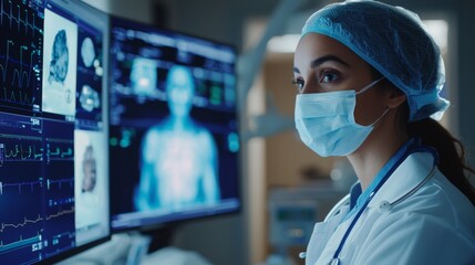 A medical professional in scrubs and a mask analyzes patient data on multiple screens in a high-tech healthcare setting.
