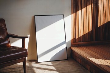Blank poster in black frame leaning against wall beside leather armchair in warm natural light