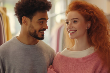 Fototapeta premium Couple enjoying time together while shopping in a clothing store. Generative AI