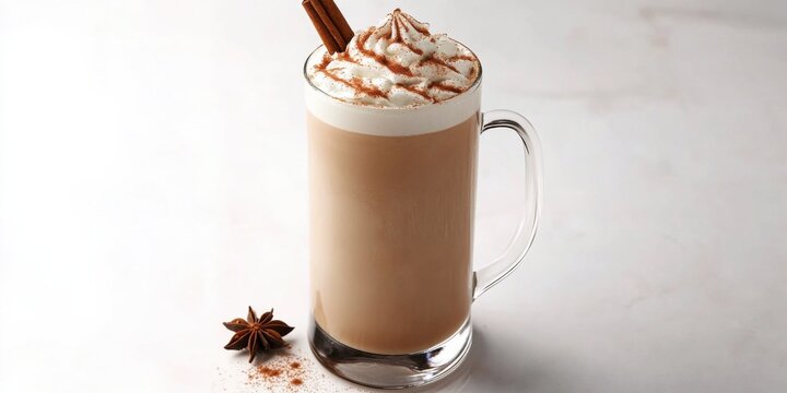 A boozy Christmas chai latte in a tall mug, garnished with star anise and a cinnamon stick,