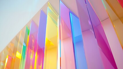 Bright, dynamic rainbow refraction through crystal prism against a white wall backdrop