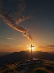 A cross stands tall on a mountaintop, illuminated by sunset.