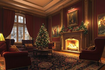 A cozy room adorned with a twinkling Christmas tree, nestled by a warm fireplace, inviting joy and holiday spirit into the heart of home.