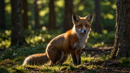 Fototapeta premium A curious fox in a sun-dappled forest, ready to write.