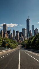 Fototapeta premium A curved road with Manhattan's skyline and a bright blue sky.