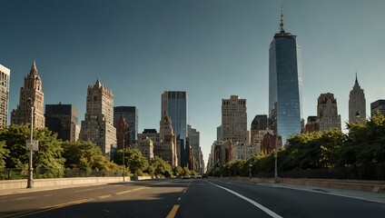 Fototapeta premium A curved road leading to Manhattan skyscrapers under a clear sky.