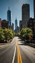 Obraz premium A curved road with Manhattan's skyline and a bright blue sky.