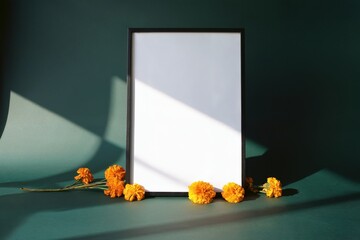Black-framed white poster with marigold flowers on green background in soft natural light