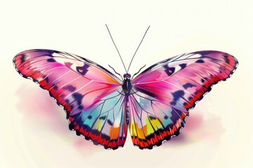 A colorful butterfly sits on a white surface, great for backgrounds or close-ups